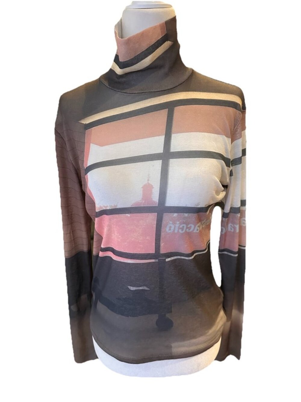 Bik Bok Sheer European Graphic City Scape Mock Neck Size Small